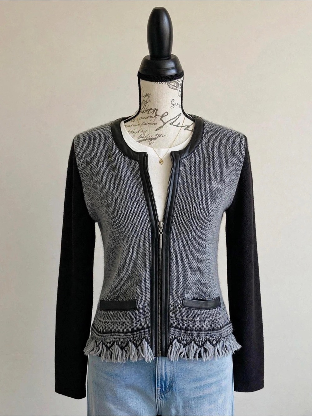 Nanette Lepore Gray and Black Merino Wool Blend Cardigan Sweater Leather Accents